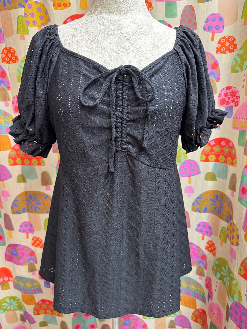 Women’s Black Eyelet Peasant Top with Adjustable Tie Front. XL
